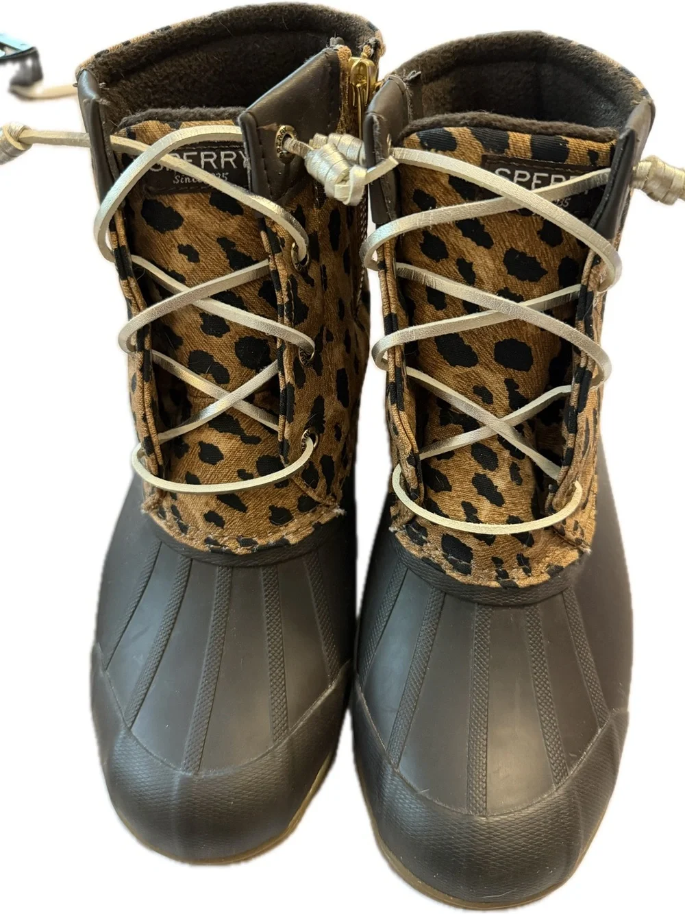 Sperry Leopard-Print Winter Duck Boots in Brown and Black